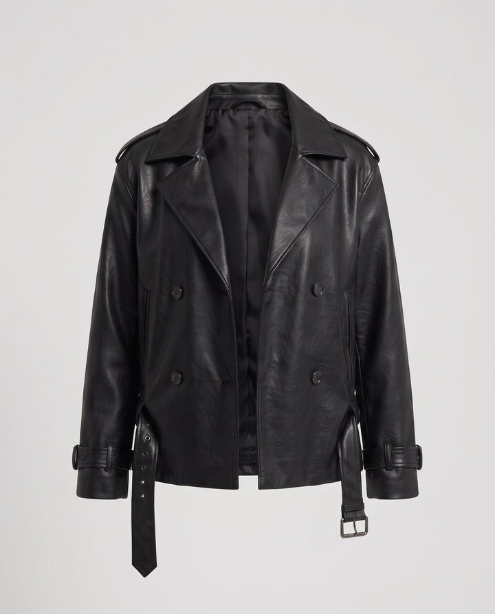 Damen Übergroße Double-Breasted Kunstlederjacke mit Taillengürtel und Glanzfinish Echo Archiv