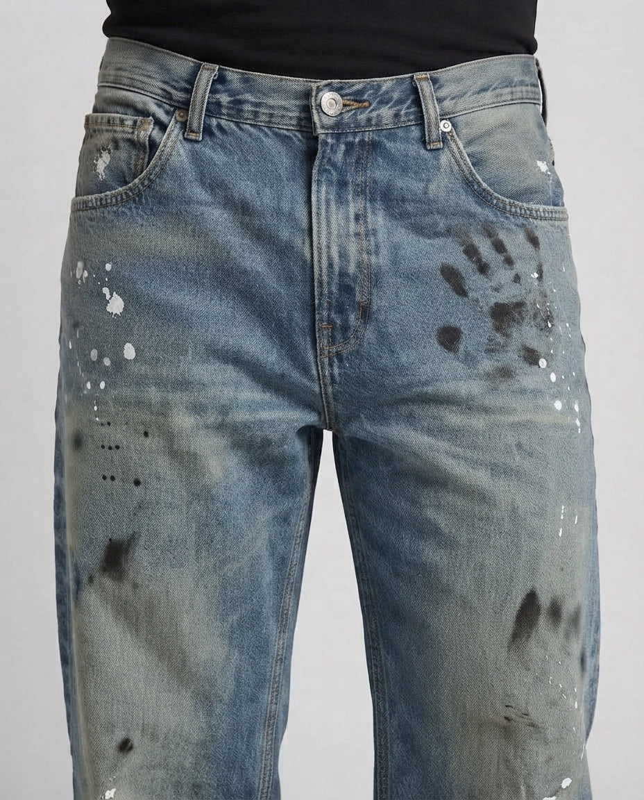 Baggy-Jeans für Männer im Vintage-Wascht mit weitem Bein, Used-Effekt und Farbtupfern Echoarchiv