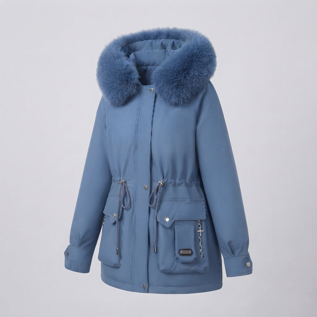Damen kurze isolierte Utility-Parka mit modularen Cargo-Taschen und voluminösem Fellkragen