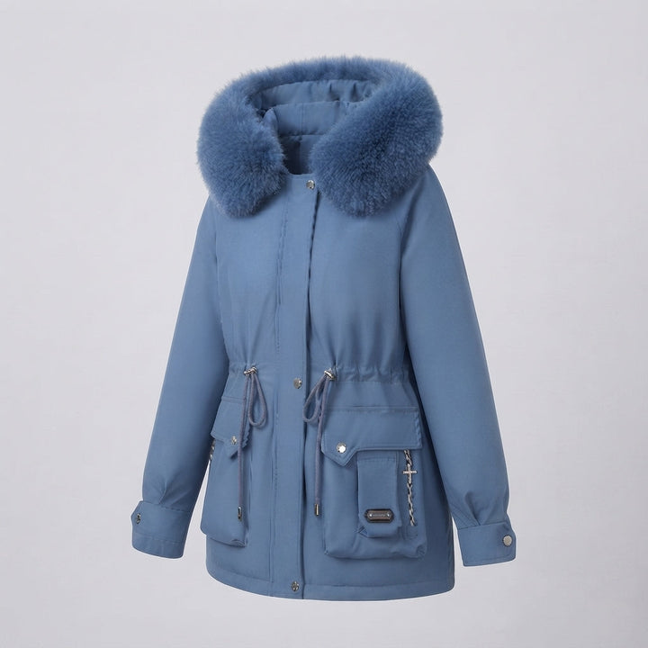 Damen kurze isolierte Utility-Parka mit modularen Cargo-Taschen und voluminösem Fellkragen