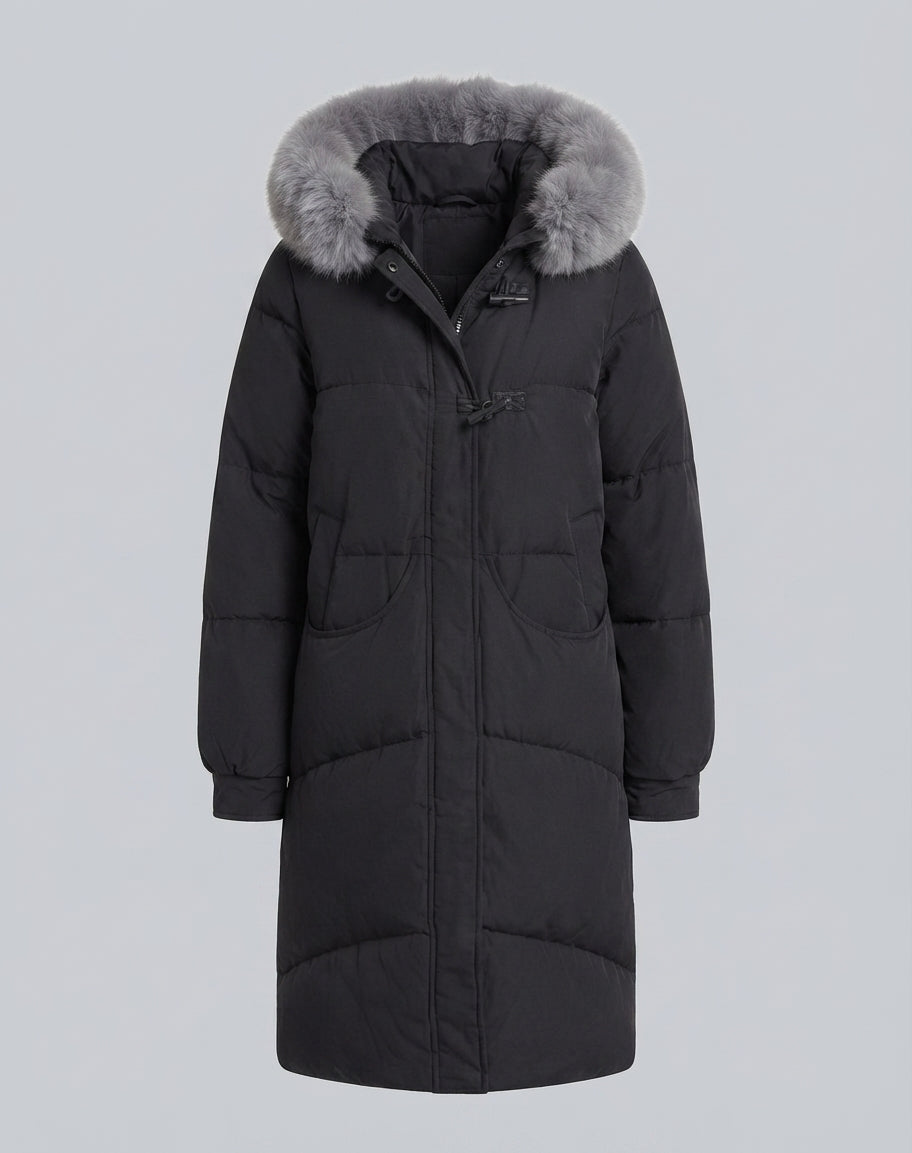 Damen extra langer oversized Puffermantel mit voluminöser Kapuze, abnehmbarer Kunstfellverzierung und lärmminderndem Außenmaterial