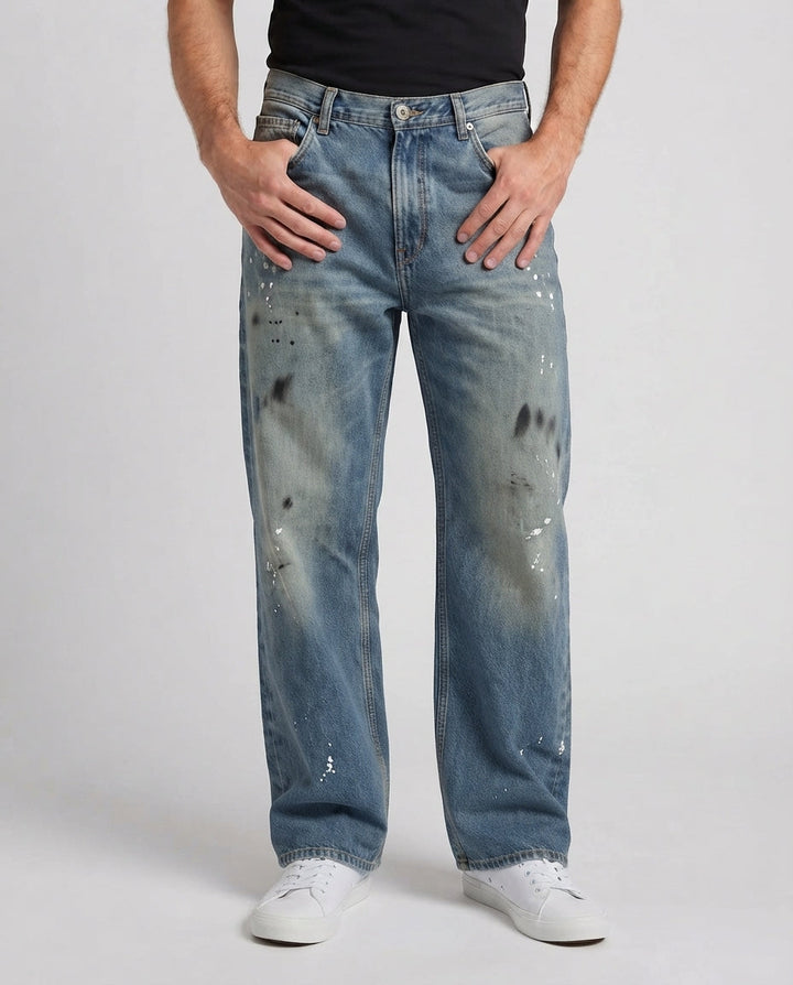 Baggy-Jeans für Männer im Vintage-Wascht mit weitem Bein, Used-Effekt und Farbtupfern Echoarchiv