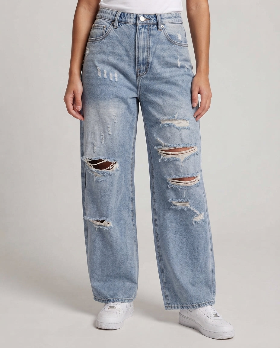 Damenweite zerstörte Baggy-Jeans mit elastischem Bund Echoarchiv