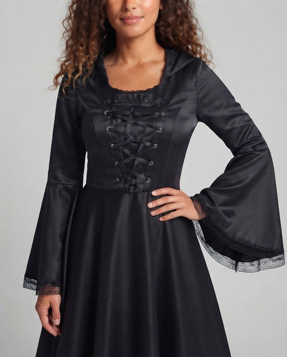 Damen Kapuzenkleid mit schwingendem Rock und Spitzenverzierungen Echo Archiv