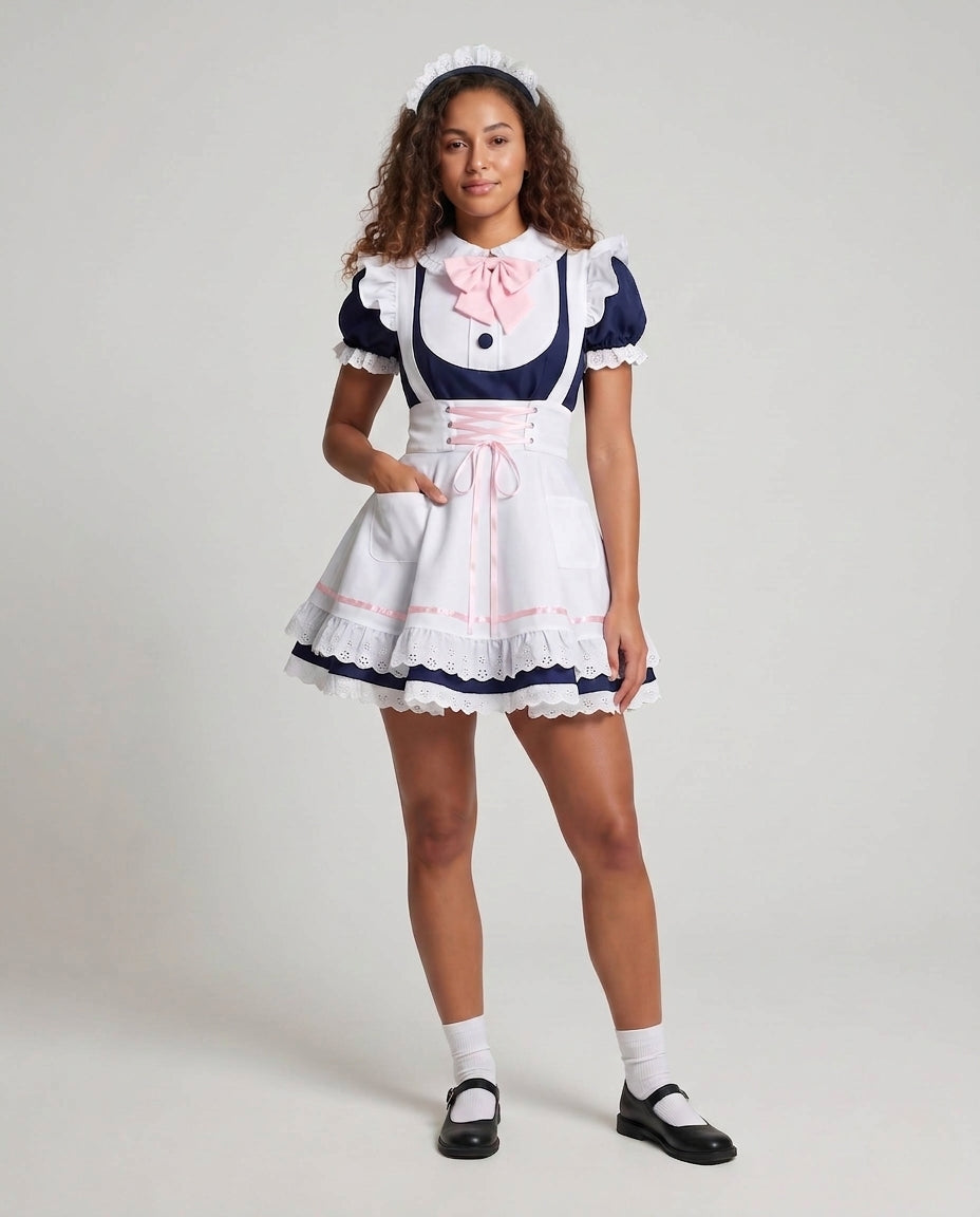 Damen Dienstmädchen-Kleid mit Spitzen- und Rüschenakzenten Echo Archiv