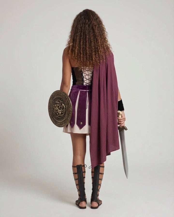 Damen Historisches Gladiatorenkostüm mit Umhang und Rüstungsdetails Echo Archiv