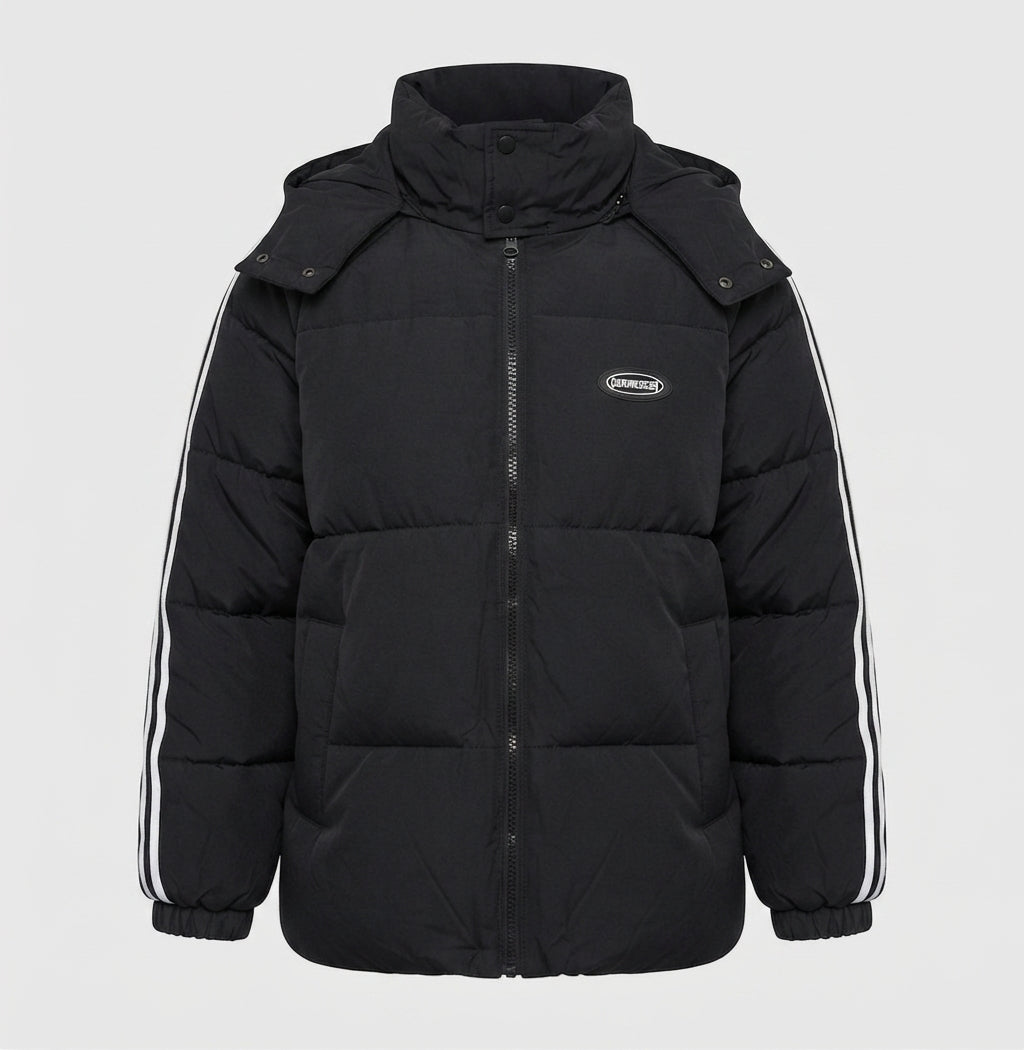 Unisex übergroße gesteppte Jacke mit Kontraststreifen an den Ärmeln, hochschließendem Kragen und Kapuzenblende
