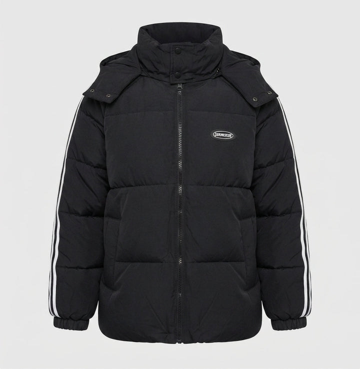 Unisex übergroße gesteppte Jacke mit Kontraststreifen an den Ärmeln, hochschließendem Kragen und Kapuzenblende