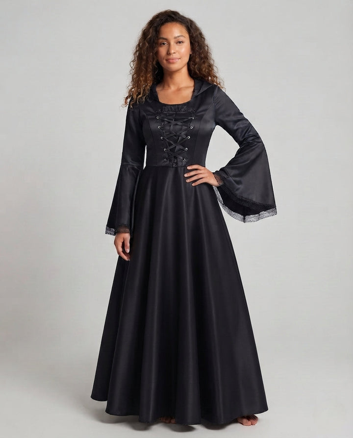 Damen Kapuzenkleid mit schwingendem Rock und Spitzenverzierungen Echo Archiv