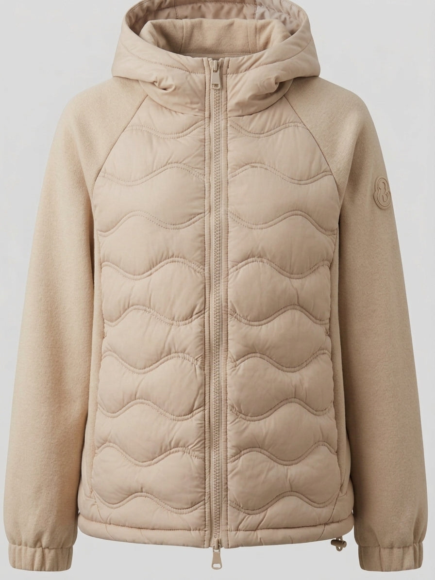 Damen gesteppte Hybrid-Hoodie-Jacke mit Fleece-Ärmeln, elastischen Bündchen und Wellensteppung