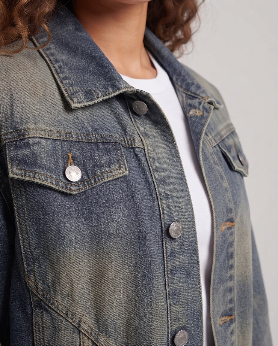 Damen Oversized Jeansjacke mit elastischem Saum, Ballonärmeln und geformten Echoarchiv-Nahtdetails Echoarchiv