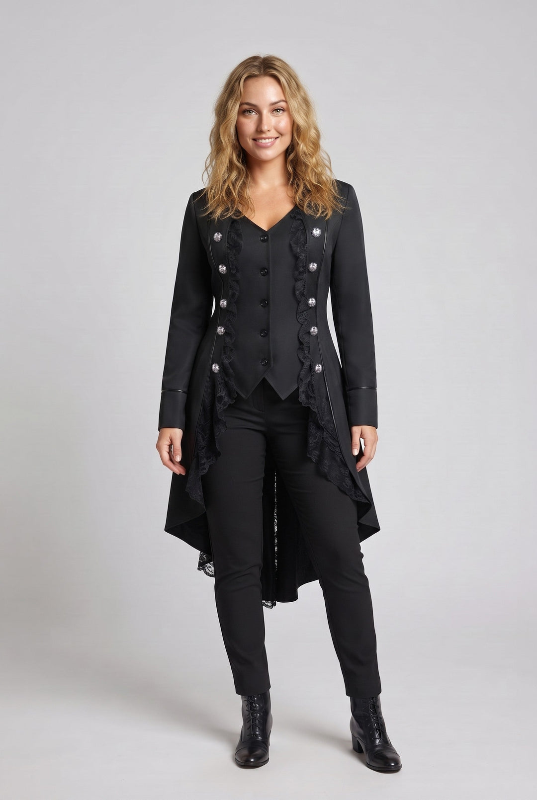 Damen elegante Frack mit Spitze Akzenten und dekorativem Knopfverschluss Echo Archiv