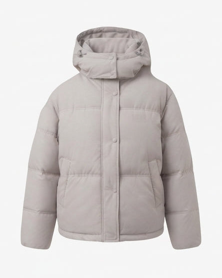 Damen kurze gesteppten Bluse mit Kapuze und Teddy-Innenkragen, verdecktem zweigängigem Reißverschluss und verstellbarem Saum