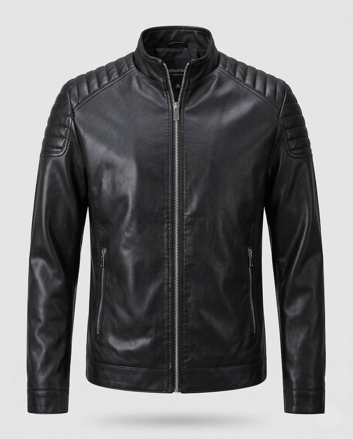 Herren Fitted Lederlook Motorradjacke mit vertikalem Reißverschluss und gepolsterten Schulterpaneelen Echoarchiv