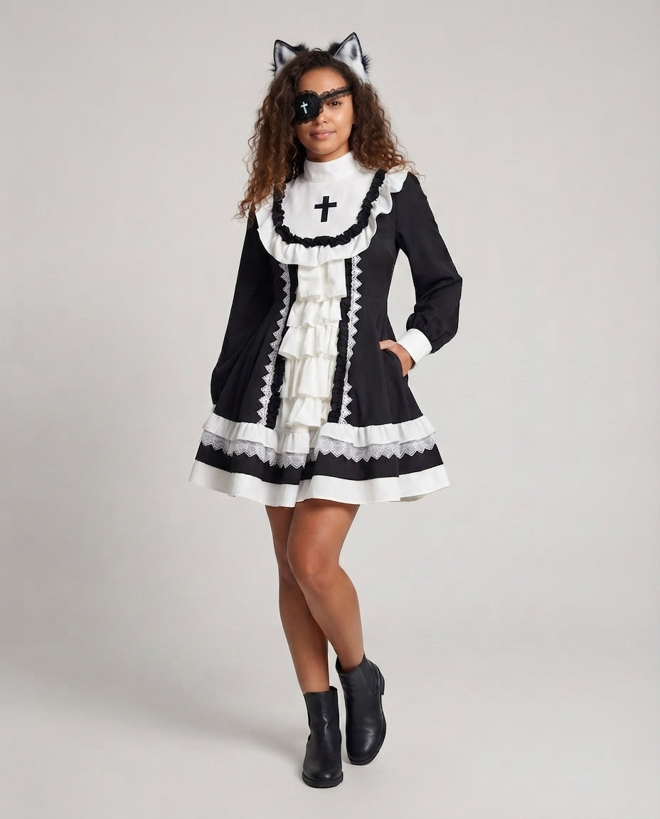 Damen Spitzen-Kleid mit Rüschen und Kreuzdetails Echo Archiv