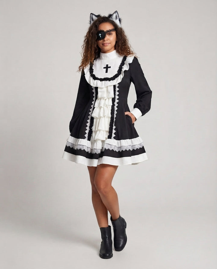 Damen Spitzen-Kleid mit Rüschen und Kreuzdetails Echo Archiv