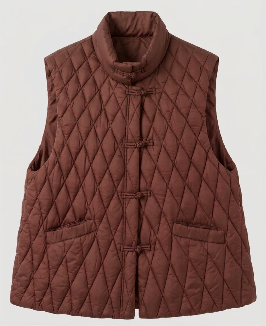 Damen gesteppte ärmellose Jacke mit Stehkragen und dekorativen Knotenschlüssen
