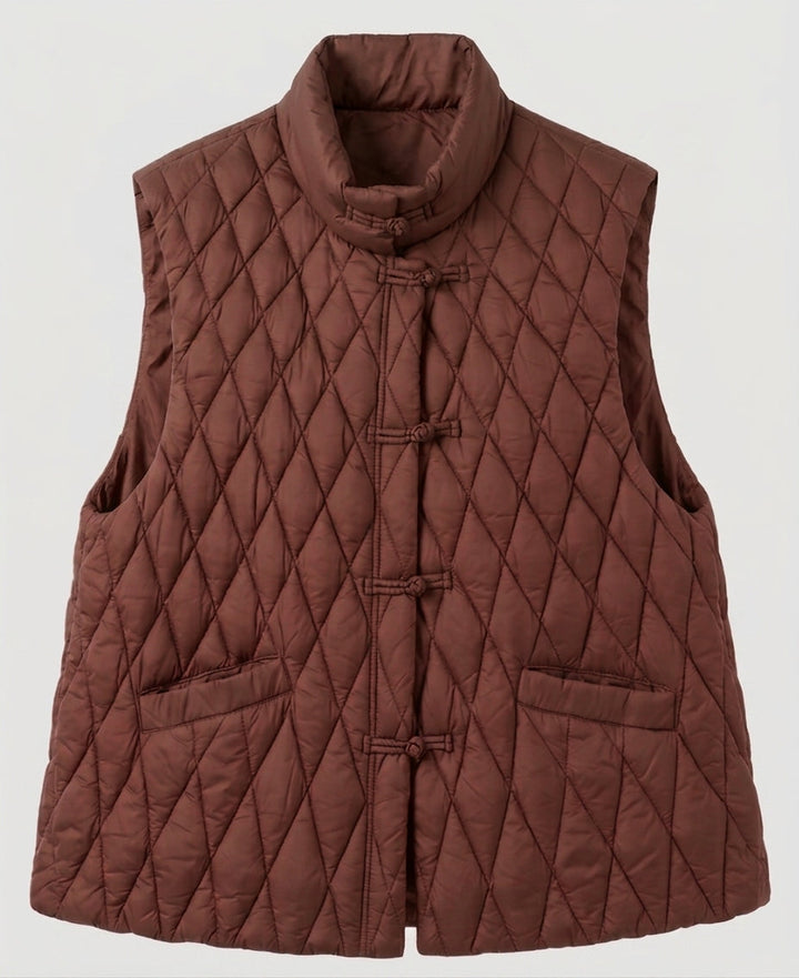 Damen gesteppte ärmellose Jacke mit Stehkragen und dekorativen Knotenschlüssen