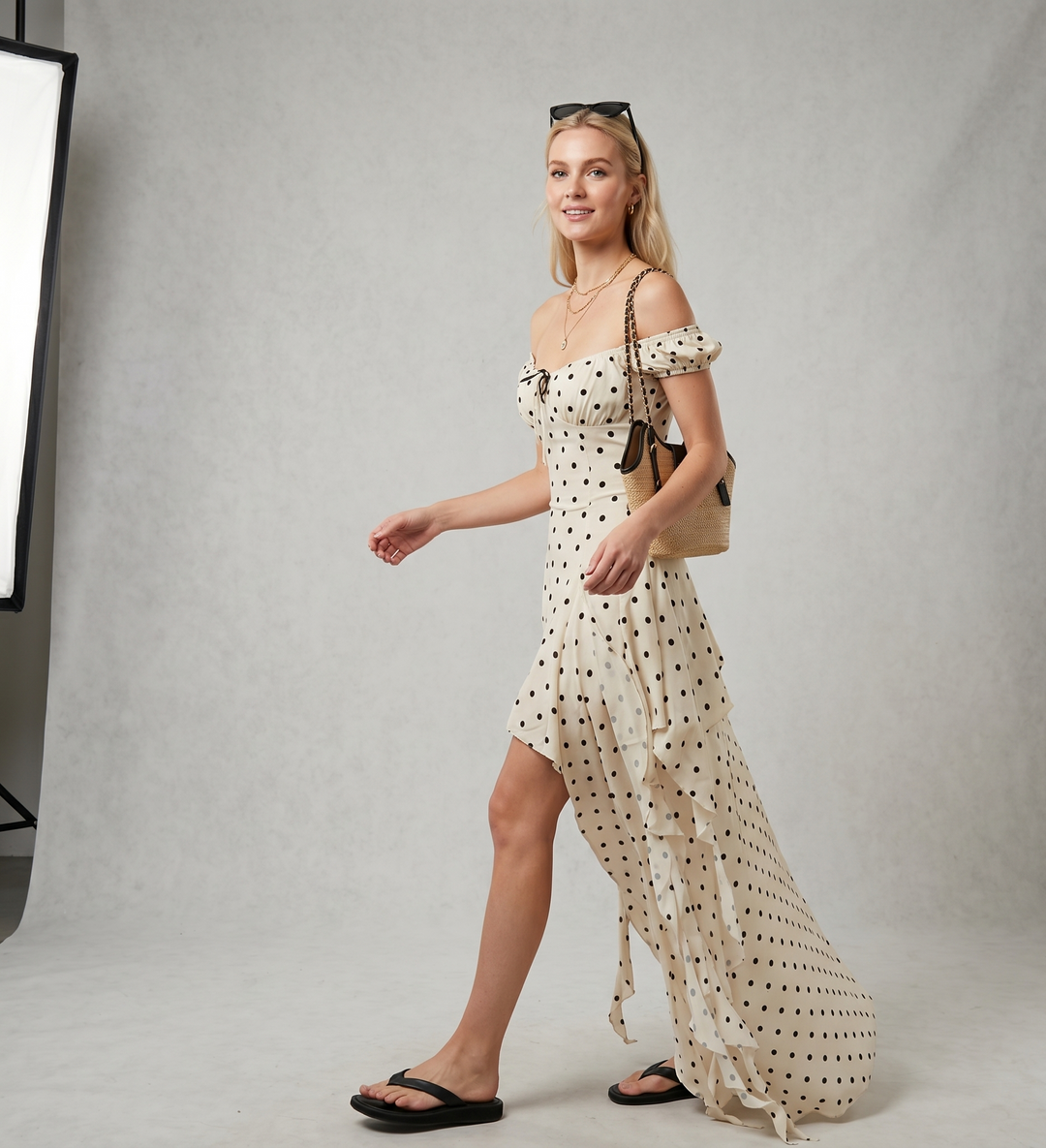 Maxikleid für Damen mit schulterfreien Ärmeln und einem gewagten Schlitz Echo Archiv