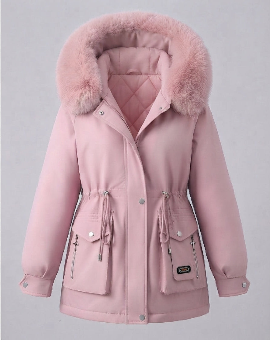 Damen kurze isolierte Utility-Parka mit modularen Cargo-Taschen und voluminösem Fellkragen