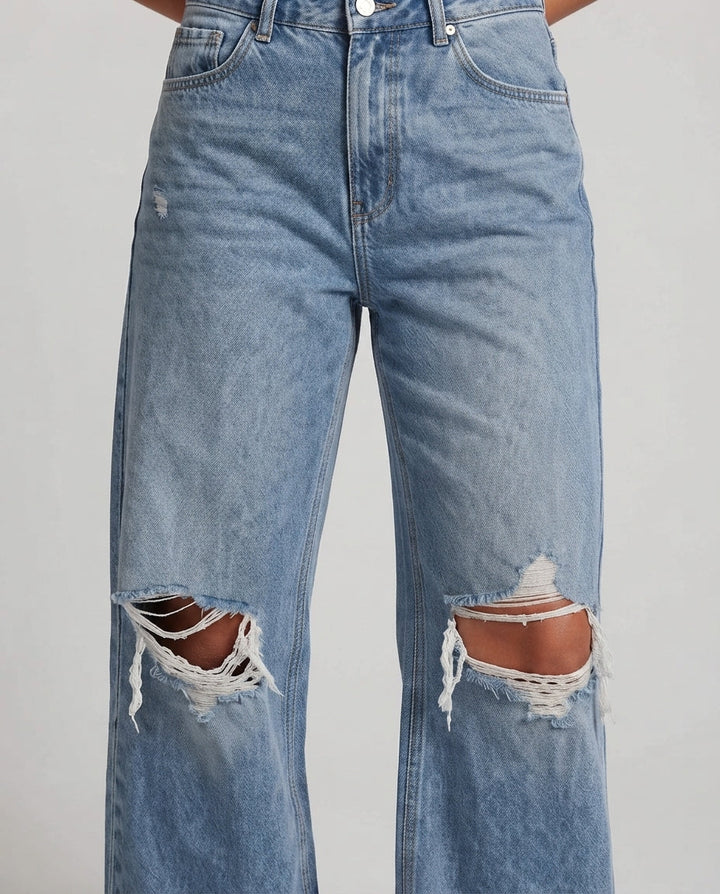 Damen High-Waisted Baggy Jeans im Destroyed Look mit weitem Bein Echoarchiv