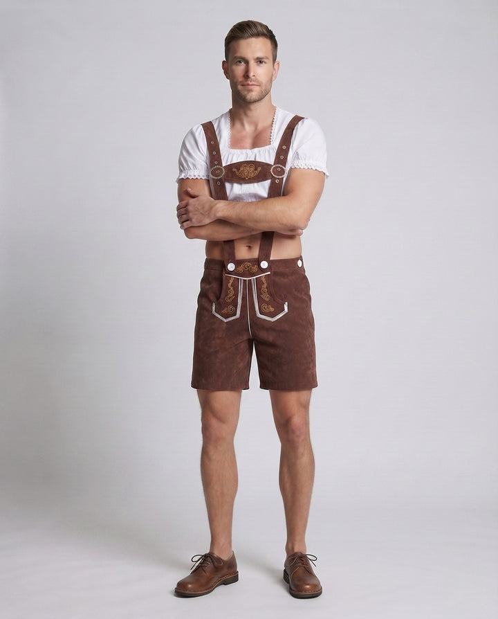 Herren Trachten-Lederhose mit kunstvollen Verzierungen und verstellbaren Trägern – Montaro