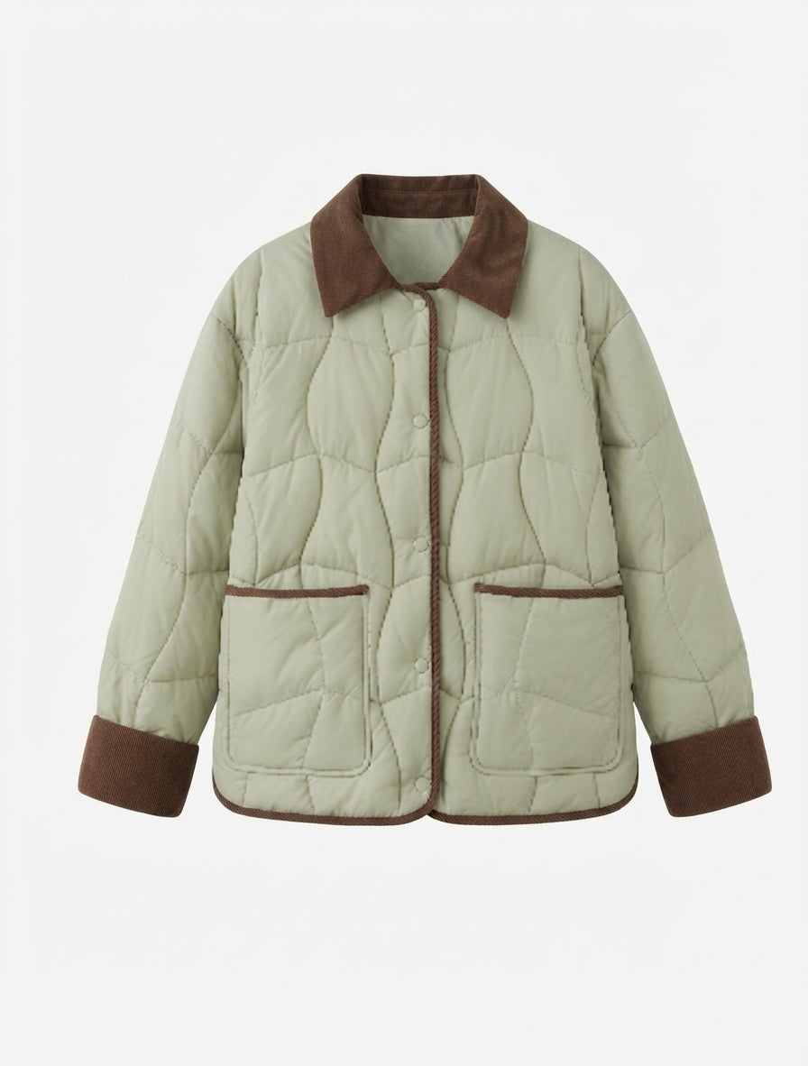Damen kurze gesteppte Jacke mit Cordkragen, Druckknopfblende und Kontrastpaspelierung