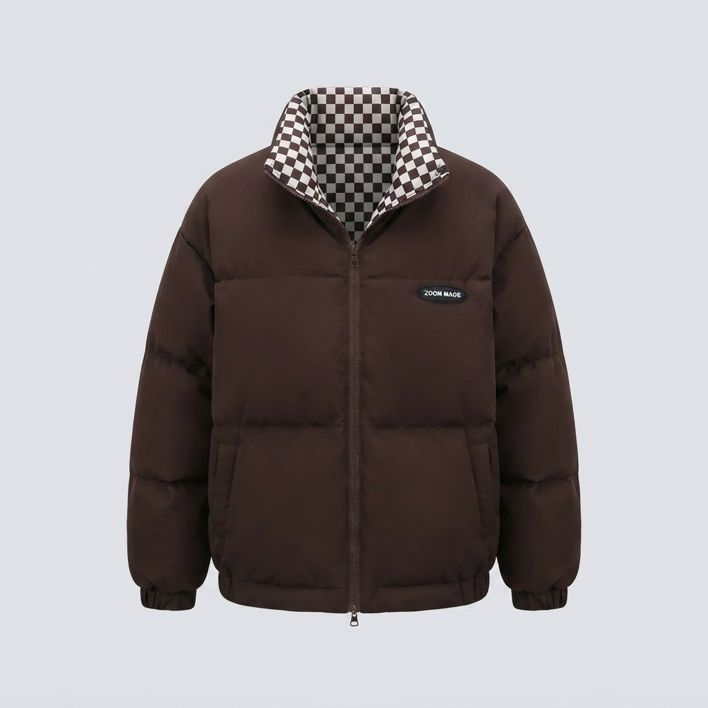 Damen kurze thermische Pufferjacke mit kariertem Wendefutter und hohem Stehkragen