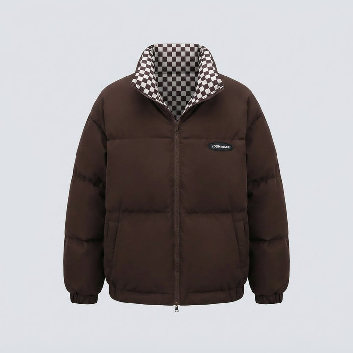 Damen kurze thermische Pufferjacke mit kariertem Wendefutter und hohem Stehkragen
