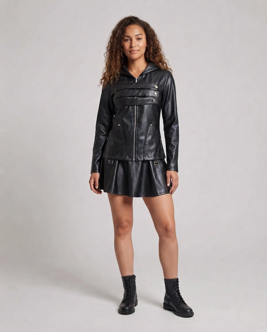 Damen Kunstlederjacke mit abnehmbarem Rock und praktischen Taschen Echo Archiv