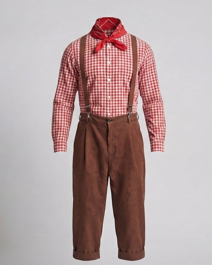 Herren Trachten-Lederhose mit verzierten Trägern und seitlichen Taschen – Marzano