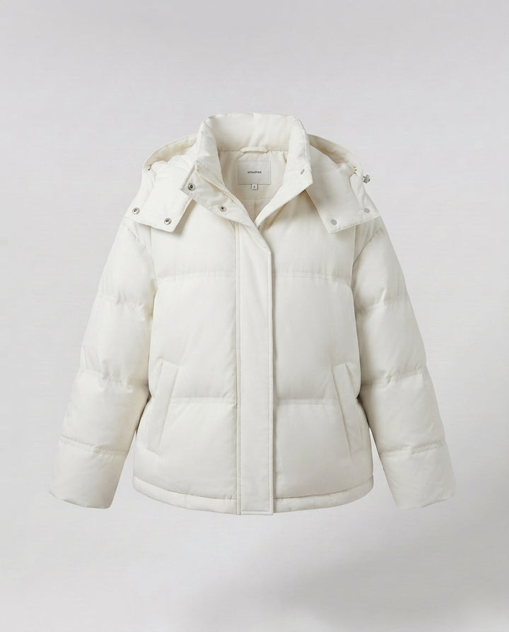 Damen Nan Boxy gepolsterte kurze gesteppte Anorak mit ergonomischer Kapuzenverzierung und extragroßen Klapptaschen