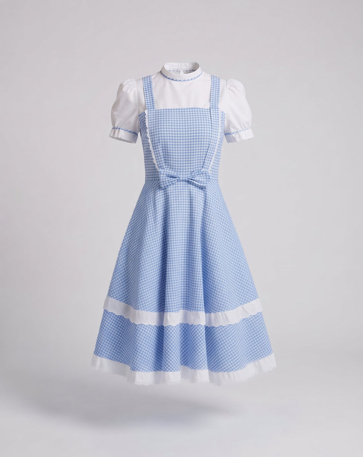 Damen nostalgisches kariertes Kleid mit Rüschendetails und passenden Accessoires Echo Archiv