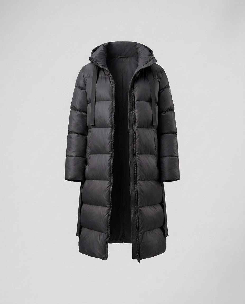 Damen extra langer wattierter Thermo-Mantel mit verdecktem Zwei-Wege-Reißverschluss, ergonomischer Kapuze und seitlichen Bewegungsreißverschlüssen