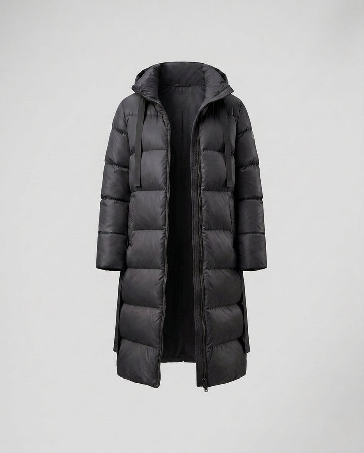 Damen extra langer wattierter Thermo-Mantel mit verdecktem Zwei-Wege-Reißverschluss, ergonomischer Kapuze und seitlichen Bewegungsreißverschlüssen
