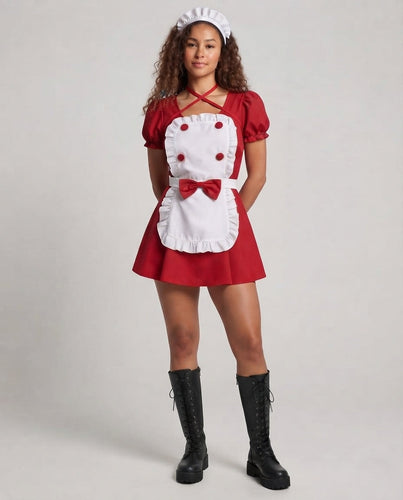 Damen Verspieltes Dienstmädchen-Kleid mit Rüschen und Satin-Schürze Echo Archiv