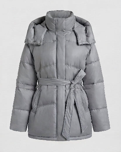 Damen gepolsterte oversized Parka mit Bindegürtel und hohem Kragen