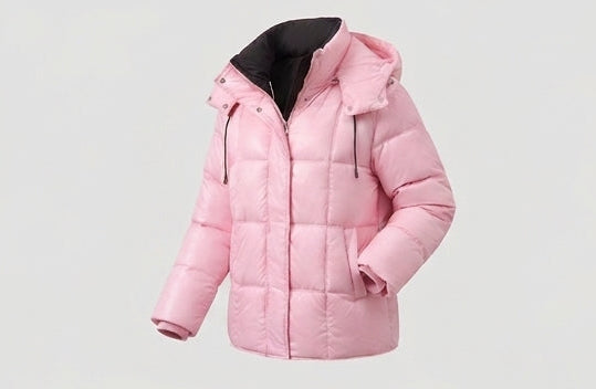 Damen glänzende gesteppte Jacke mit integrierter Kapuze, Zwei-Wege-Reißverschluss und Wärmeisolierung