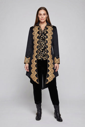 Damen elegante Frack mit feiner goldener Stickerei und asymmetrischem Saum Echo Archiv