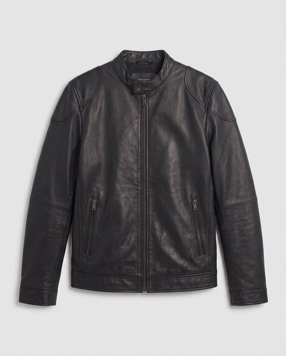 Herren maßgeschneiderte Kunstlederjacke im Biker Blouson Stil mit Stehkragen und Reißverschluss Echo Archiv