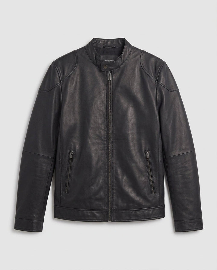 Herren maßgeschneiderte Kunstlederjacke im Biker Blouson Stil mit Stehkragen und Reißverschluss Echo Archiv