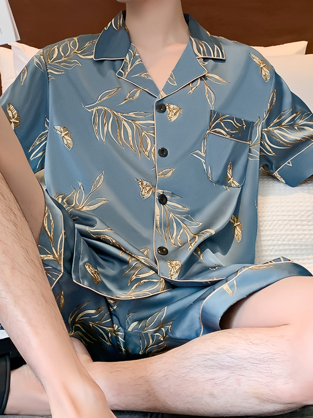 Echoarchiv | Herren Sommer Eis Seide Pyjama Satz mit Blumen und Blättern Druck