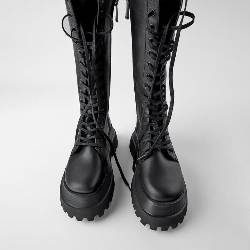Echoarchiv | Hohe Stiefel Damen Schwarz mit Schnürung Tracksohle