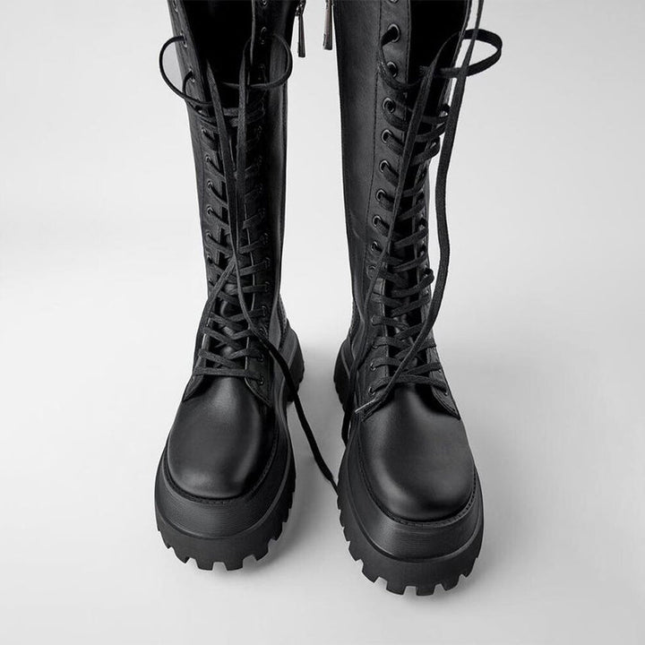Echoarchiv | Hohe Stiefel Damen Schwarz mit Schnürung Tracksohle