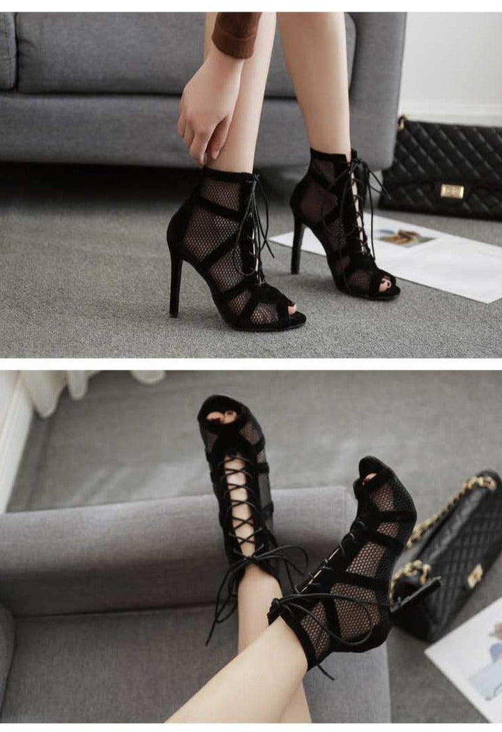 Echoarchiv | Schwarze Schnürung Peep Toe Netz High Heel Knöchel Stiefel