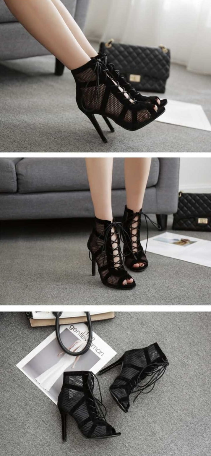 Echoarchiv | Schwarze Schnürung Peep Toe Netz High Heel Knöchel Stiefel