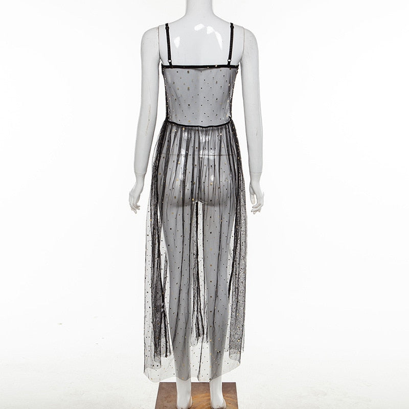 Echoarchiv | Stern Schwarz Netz Transparent Ärmelloses Maxi-Kleid