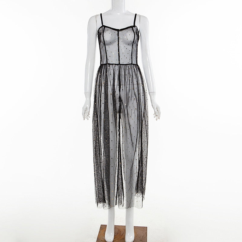 Echoarchiv | Stern Schwarz Netz Transparent Ärmelloses Maxi-Kleid
