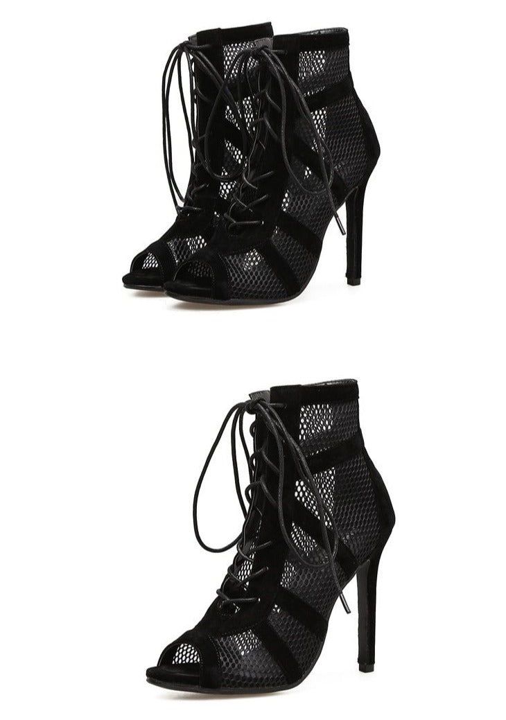 Echoarchiv | Schwarze Schnürung Peep Toe Netz High Heel Knöchel Stiefel