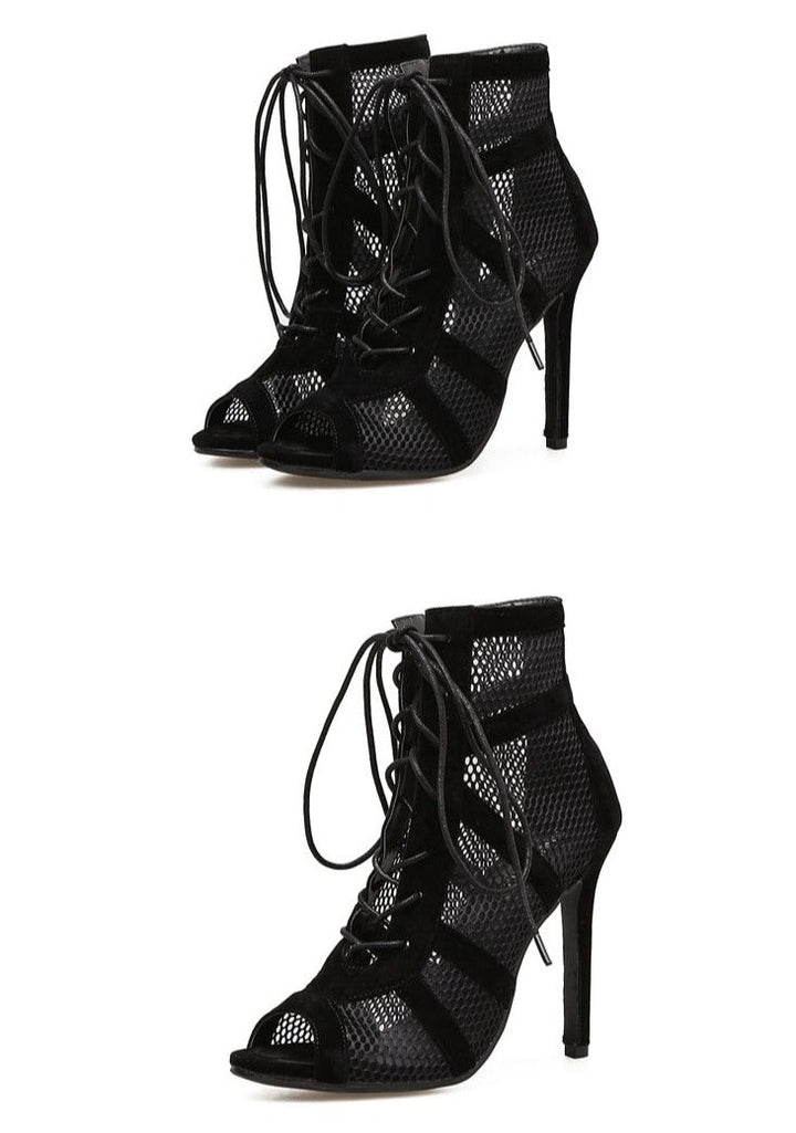 Echoarchiv | Schwarze Schnürung Peep Toe Netz High Heel Knöchel Stiefel